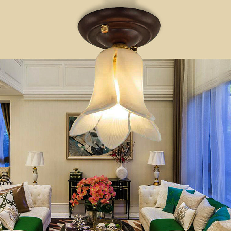 Flower Shaped White/Yellow/Purple Glass Flush Fixture Traditional 1 Light Living Room Ceiling Light Fixture
