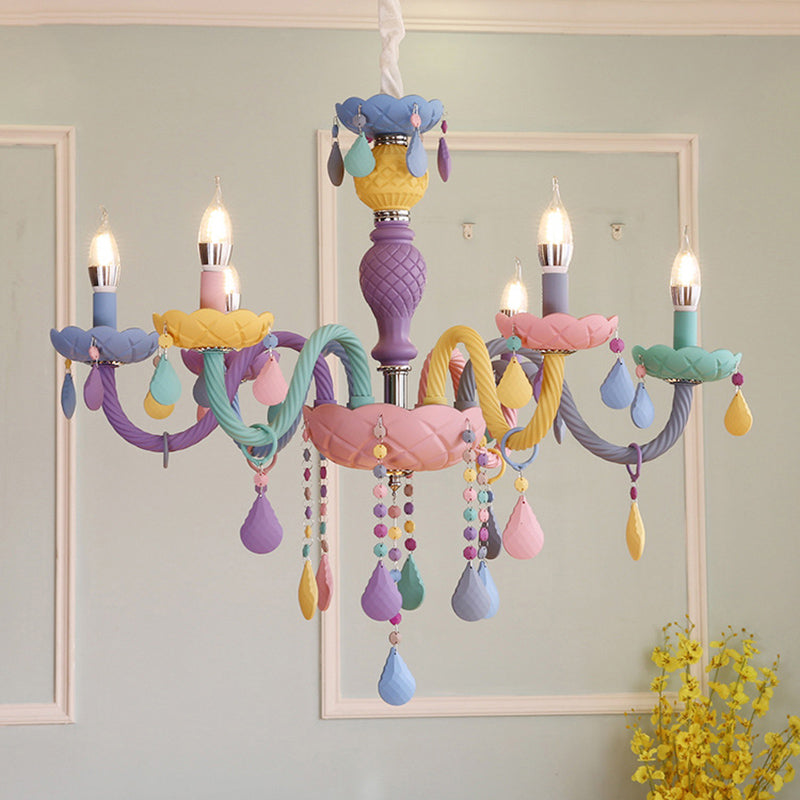 Candelabra Ceiling Chandelier Macaron Colorful Glass Kids Bedroom Pendant Light in Purple