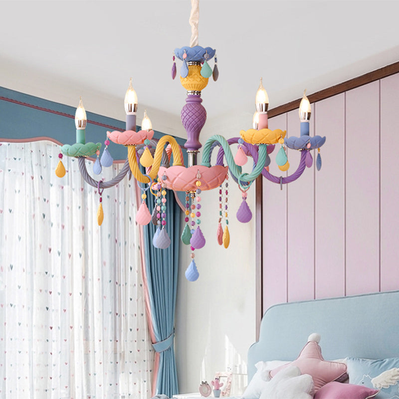 Candelabra Ceiling Chandelier Macaron Colorful Glass Kids Bedroom Pendant Light in Purple