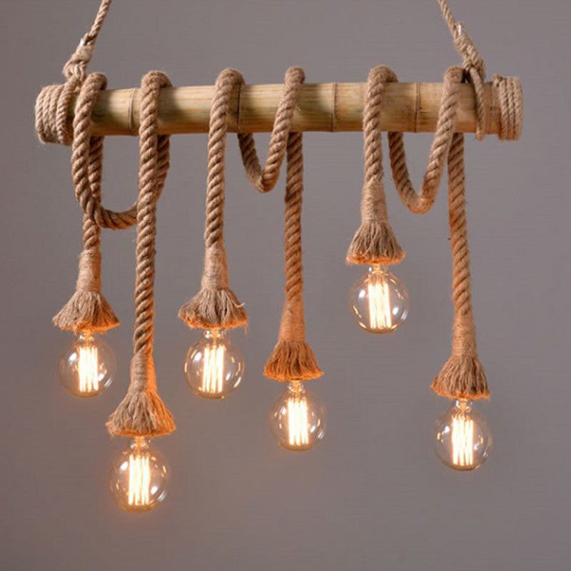 Brown Island Pendant Light Rustic Rope Open Bulb Hanging Light Kit with Bamboo Pole