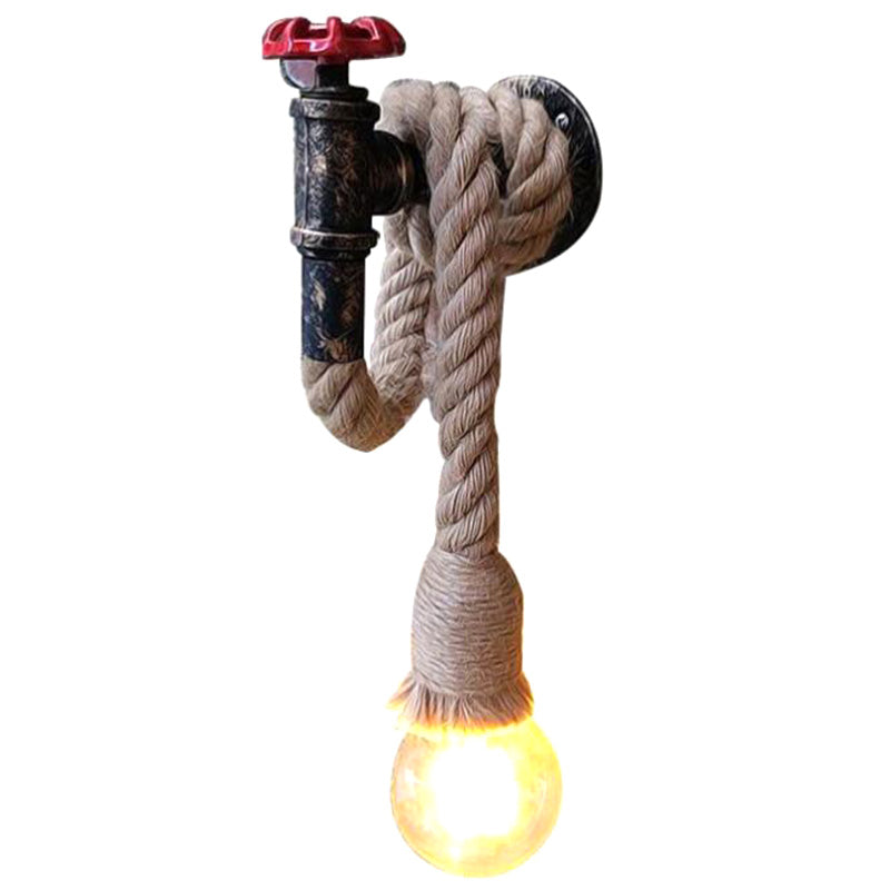 1-Light Water Tap Sconce Lighting Industrial Black Iron Wall Light Fixture with Rope Socket