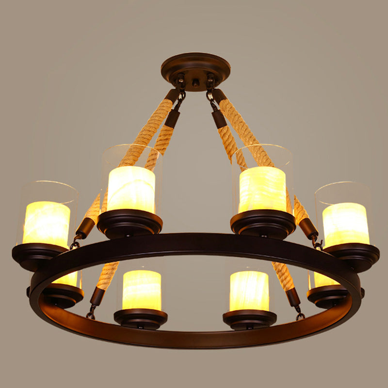 Clear Glass Cylindrical Suspension Lamp Farmhouse Living Room Chandelier with Rope Arm