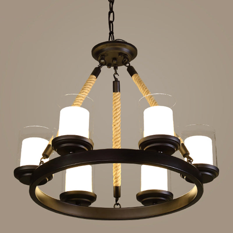 Clear Glass Cylindrical Suspension Lamp Farmhouse Living Room Chandelier with Rope Arm