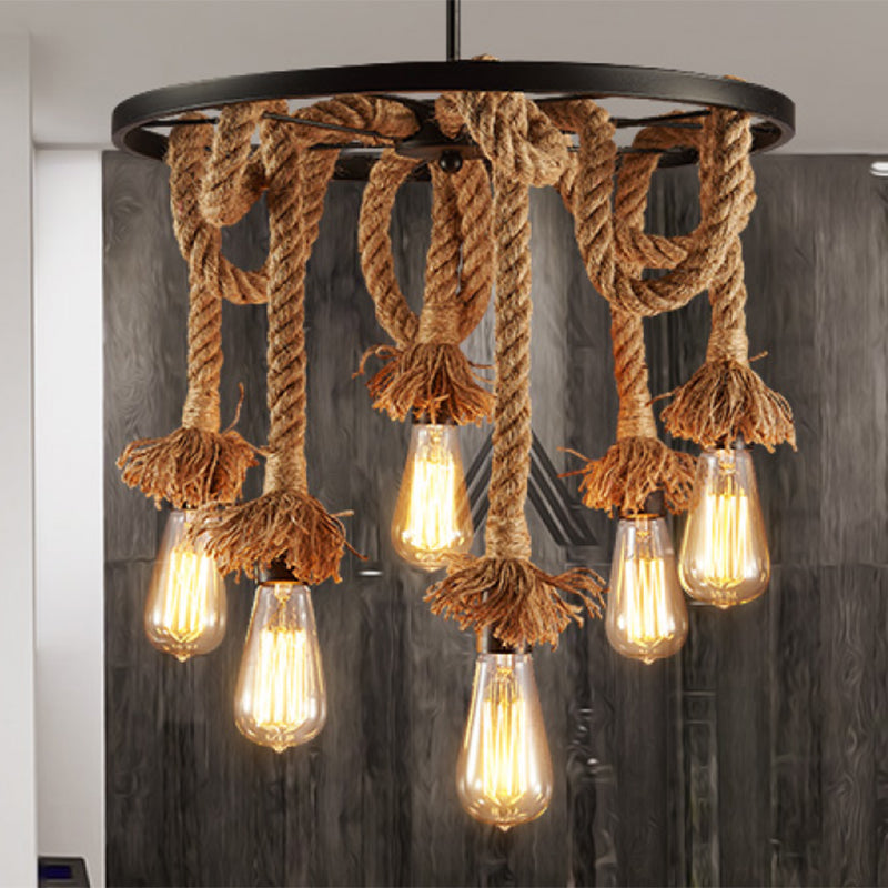 Rustic Bare Bulb Hanging Lamp Hand-Wrapped Rope Chandelier in Brown with Decorative Wheel
