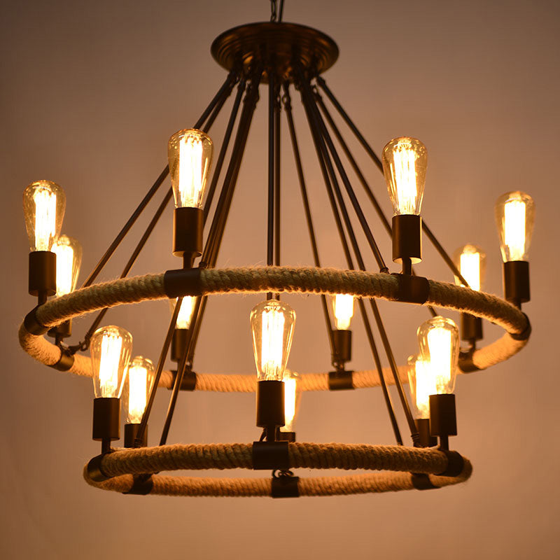 Circular Roped Pendant Lighting Country Style 14 Heads Restaurant Chandelier in Brown