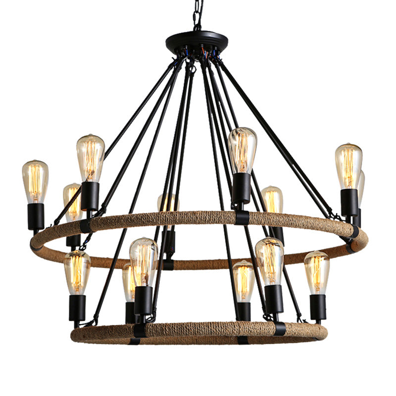 Circular Roped Pendant Lighting Country Style 14 Heads Restaurant Chandelier in Brown