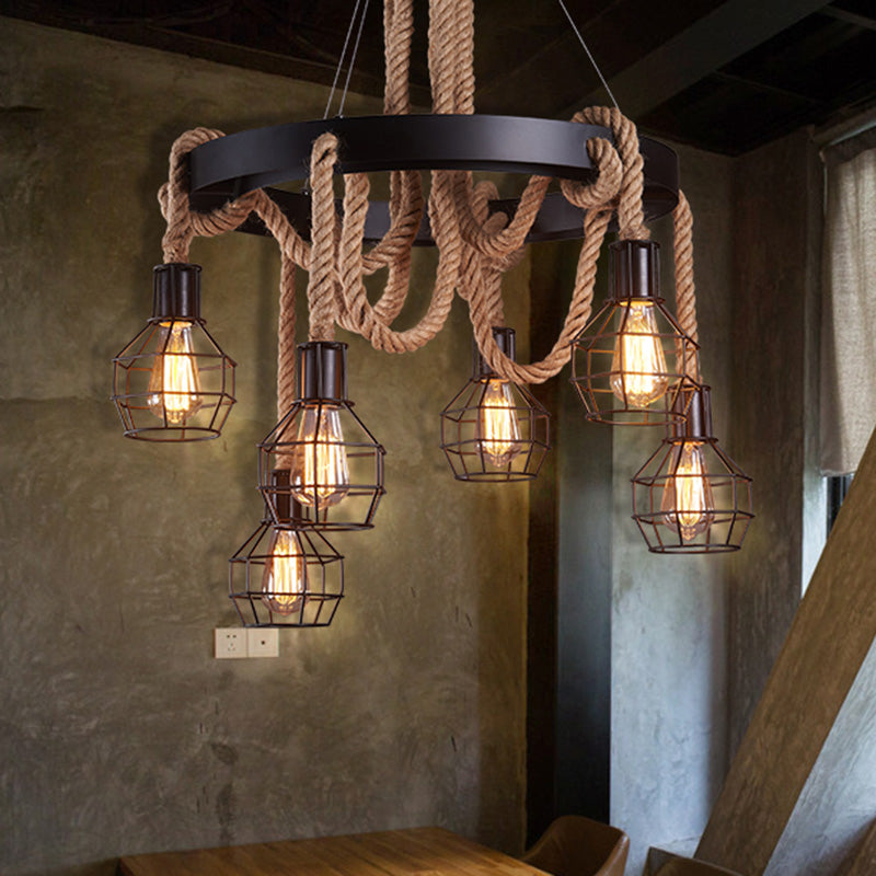 Natural Rope Brown Chandelier Geometric Shape Countryside Suspension Light Fixture