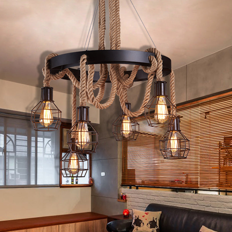 Natural Rope Brown Chandelier Geometric Shape Countryside Suspension Light Fixture