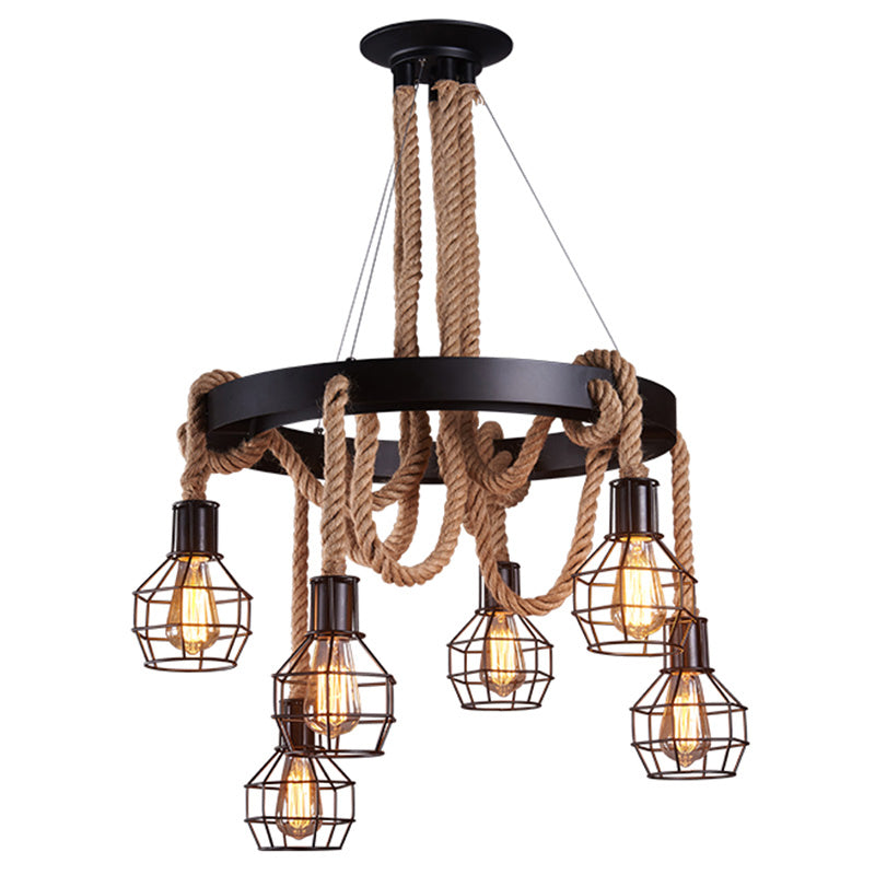 Natural Rope Brown Chandelier Geometric Shape Countryside Suspension Light Fixture