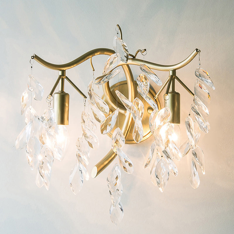 Follaje de 2 luces Diclas de pared de champán tradicional K9 Luz de pared de cristal para dormitorio