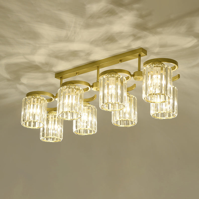 Brass Finish Semi Flush Light Simple Style Crystal Cylindrical Ceiling Mount Light for Living Room