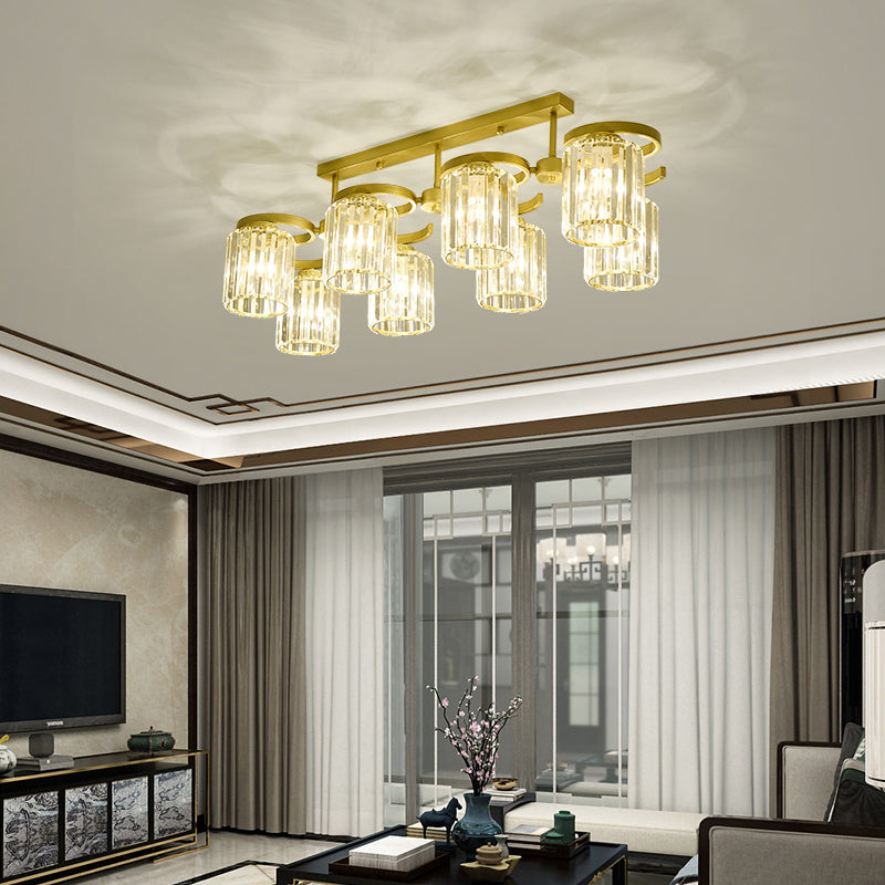 Brass Finish Semi Flush Light Simple Style Crystal Cylindrical Ceiling Mount Light for Living Room