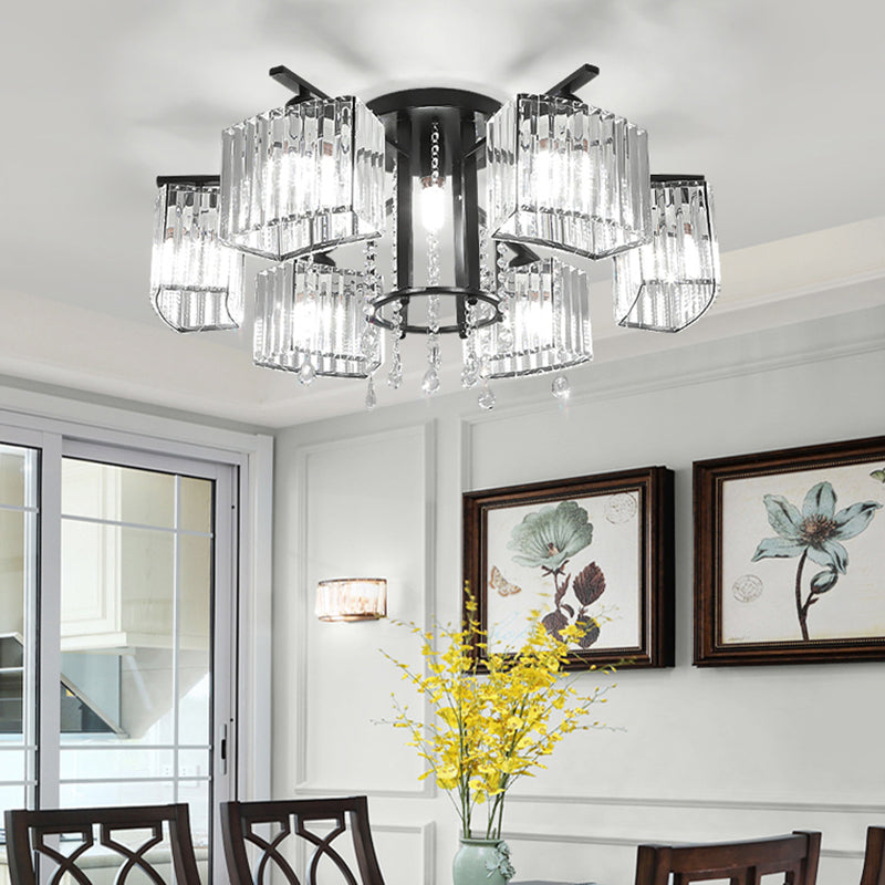 Circle Semi Flush Ceiling Fixture Modern Crystal Block Living Room Flushmount Light in Black