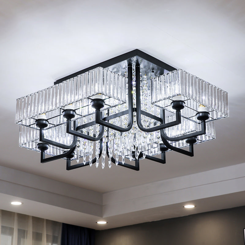 Contemporary Rectangle Ceiling Light Prismatic Crystal Living Room Semi Flush Mount Light in Black
