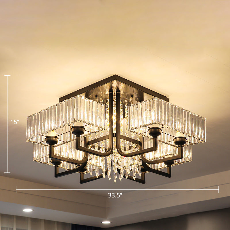 Contemporary Rectangle Ceiling Light Prismatic Crystal Living Room Semi Flush Mount Light in Black