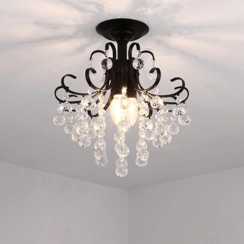 3-Bulb Semi Mount Lighting Vintage Swirl Crystal Ceiling Light in Black for Foyer