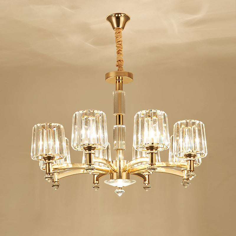 Cylindrical Living Room Chandelier Clear Crystal Modernism Hanging Light in Brass