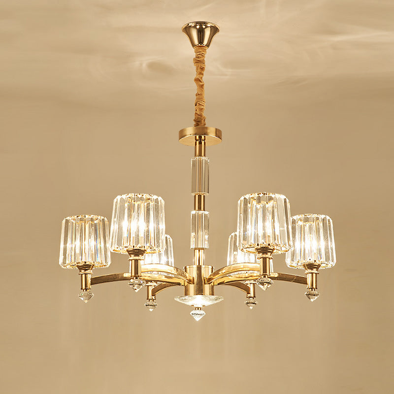 Cylindrical Living Room Chandelier Clear Crystal Modernism Hanging Light in Brass