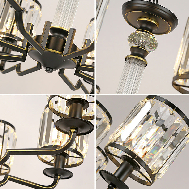 Black Finish Pendant Lamp Minimalist Crystal Cylinder Hanging Chandelier for Bedroom