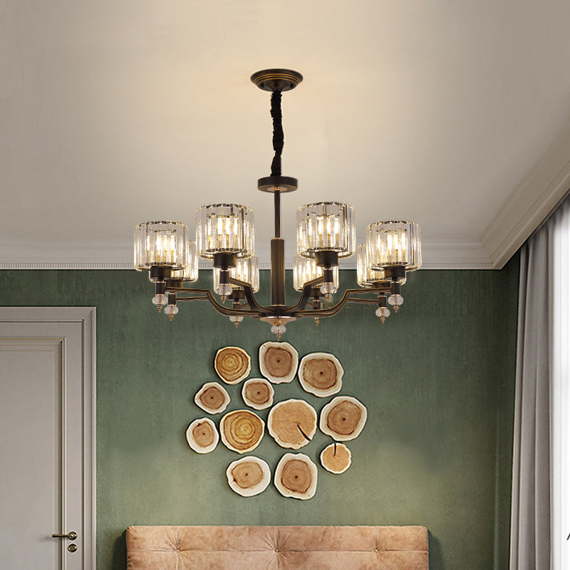 Minimalist Style Up Chandelier Black Cylindrical Suspension Light with Crystal Shade