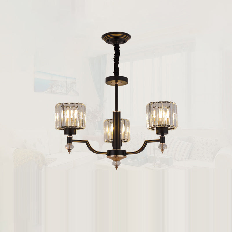 Minimalist Style Up Chandelier Black Cylindrical Suspension Light with Crystal Shade