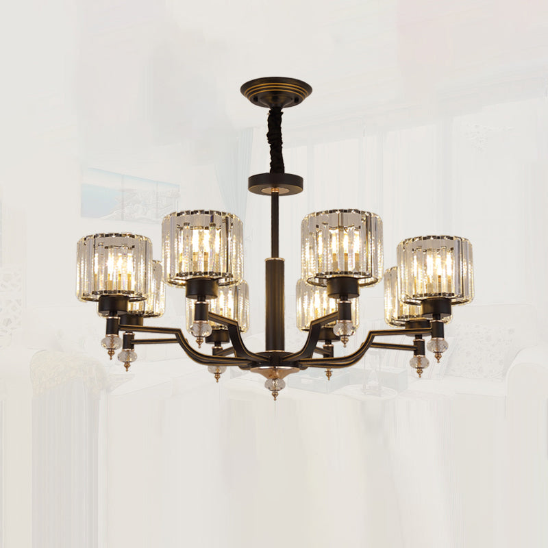Minimalist Style Up Chandelier Black Cylindrical Suspension Light with Crystal Shade