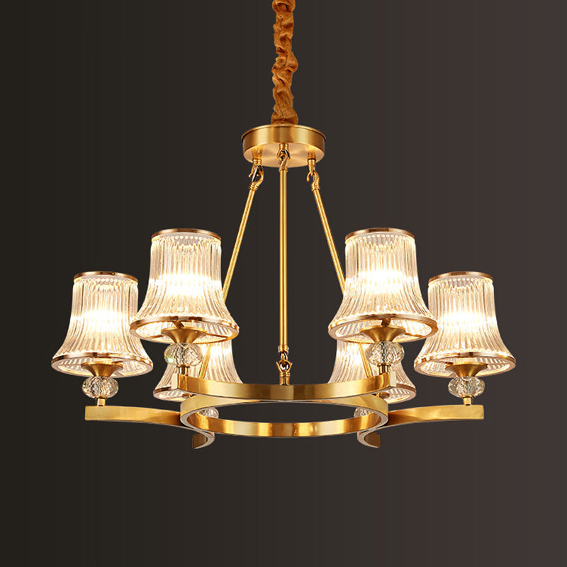 Brass Flared Chandelier Vintage Clear Rib Glass Living Room Suspension Pendant Light