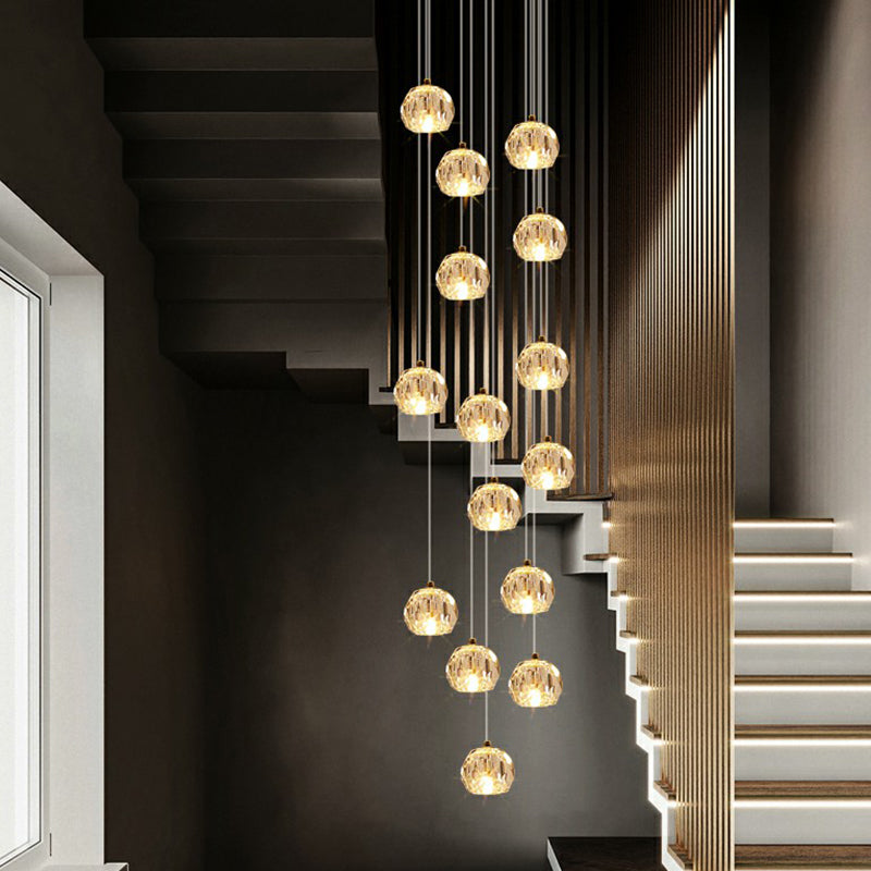 Lampada a soffitto a sfera di cristallo taglio sfaccettato Minimalista Cluster Golden Light per le scale
