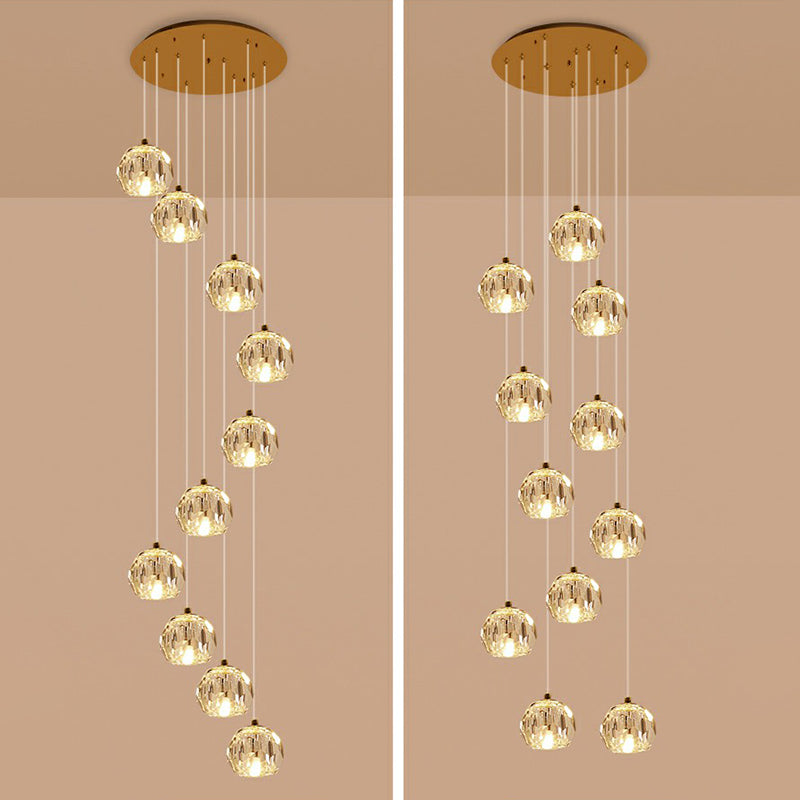 Faceted Cut Crystal Ball Ceiling Lamp Minimalist Golden Cluster Pendant Light for Stairs