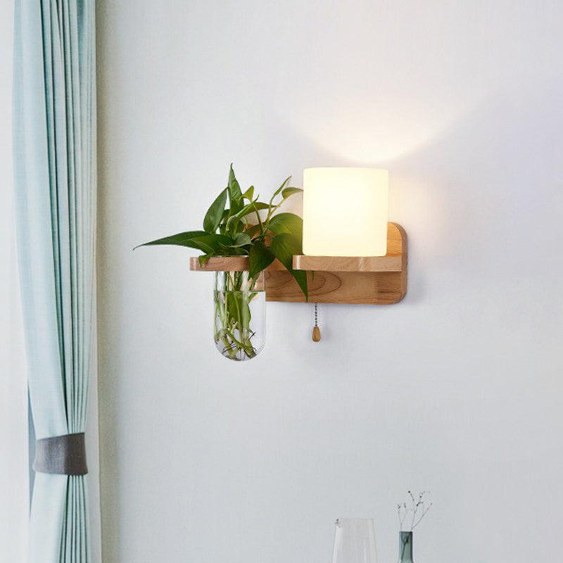 Cream Glass Geometric Wall Sconce Art Deco 1 Head Wall Mounted Light with Plant Container and Wooden Shelf
