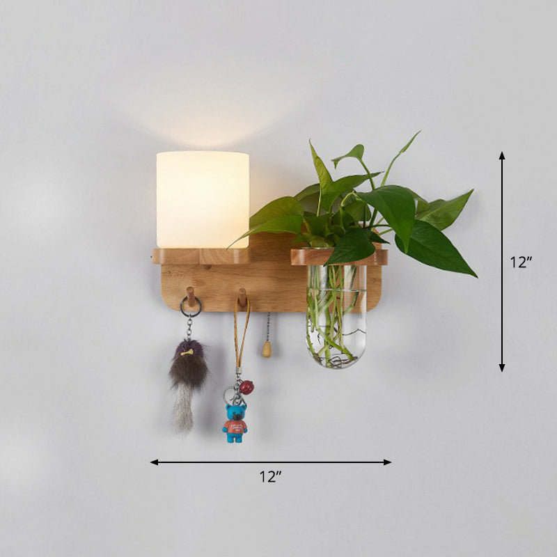 Cream Glass Geometric Wall Sconce Art Deco 1 Head Wall Mounted Light with Plant Container and Wooden Shelf