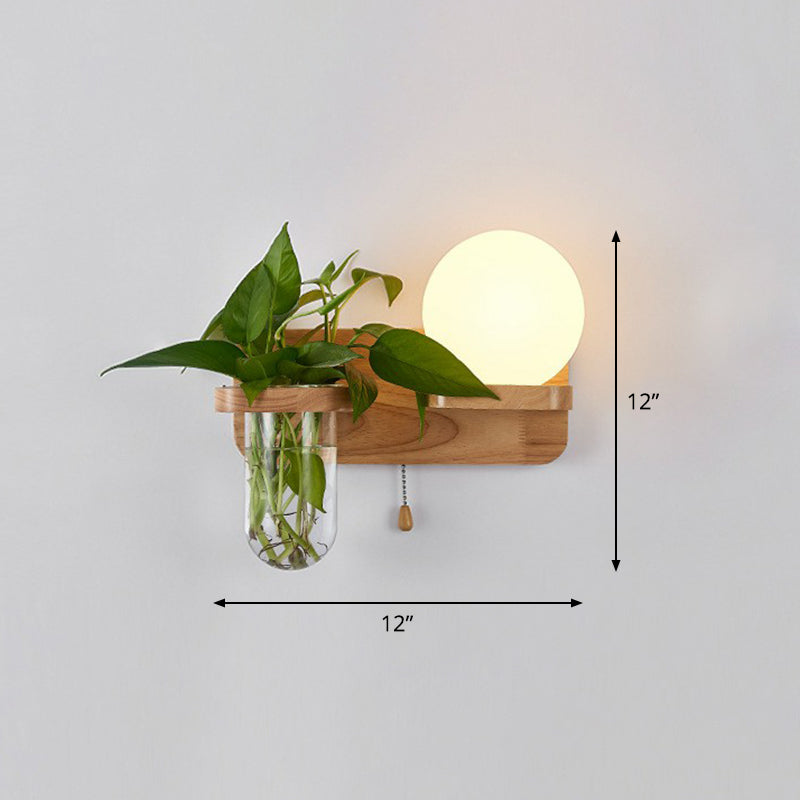Cream Glass Geometric Wall Sconce Art Deco 1 Head Wall Mounted Light with Plant Container and Wooden Shelf