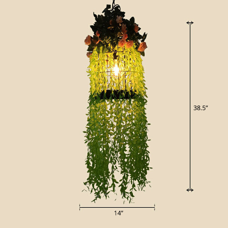 Industrial Cage Style Hanging Lamp 1 Head Metal Pendant Lighting with Artificial Leaf and Flower