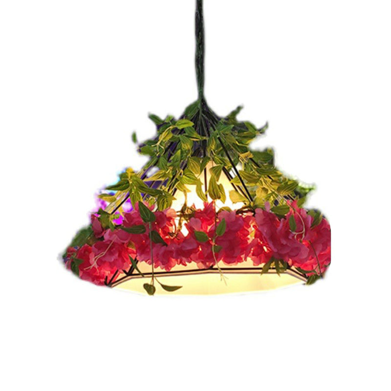 Art Deco Artificial Flower Pendant Light Fixture Single-Bulb Metal Hanging Light with Cage