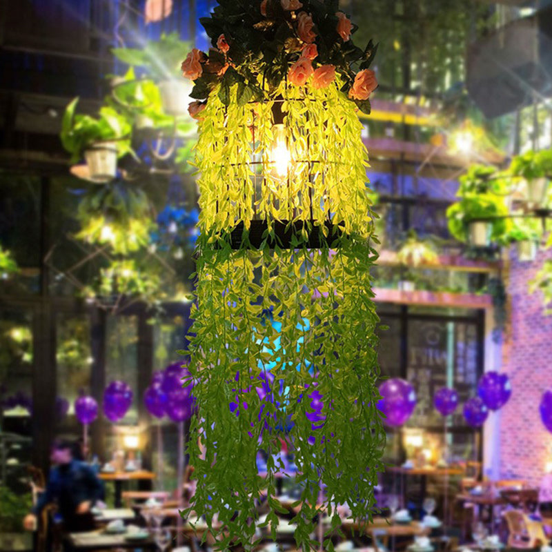 Iron Cage Suspension Light Farmhouse 1 Bulb Bistro Drop Pendant with Fake Plant Decor