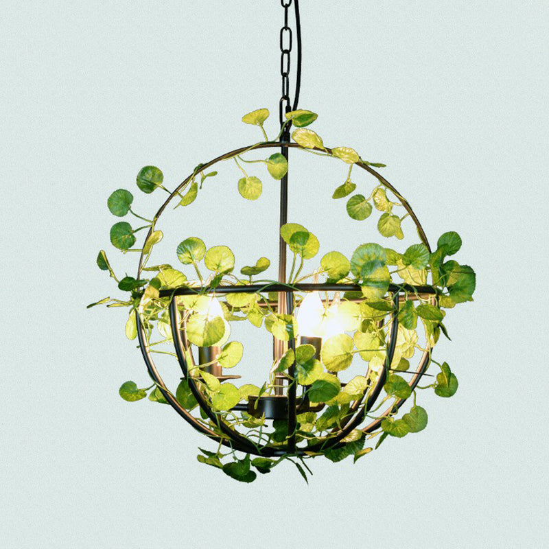 Green Hanging Ceiling Light Country Style Wire Cage Iron Chandelier with Artificial Vine for Restaurant