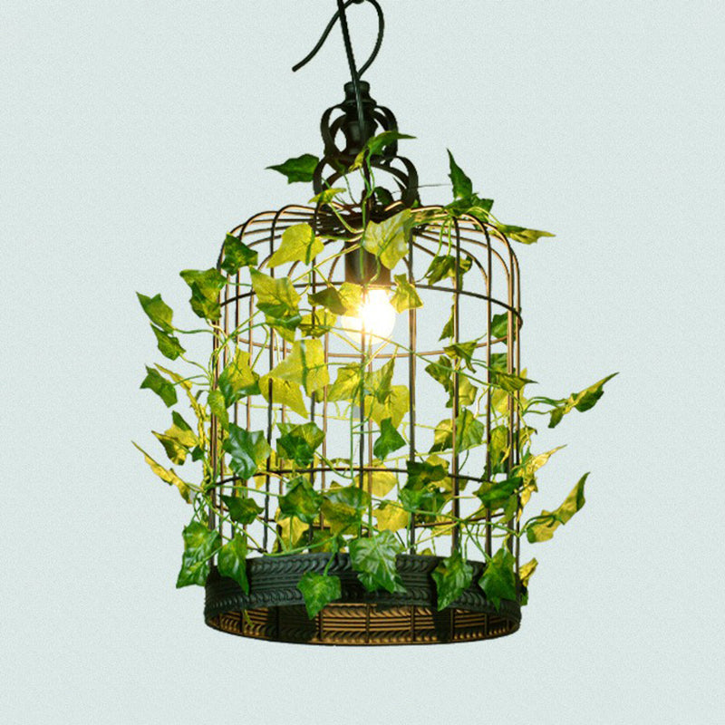 Green Hanging Ceiling Light Country Style Wire Cage Iron Chandelier with Artificial Vine for Restaurant