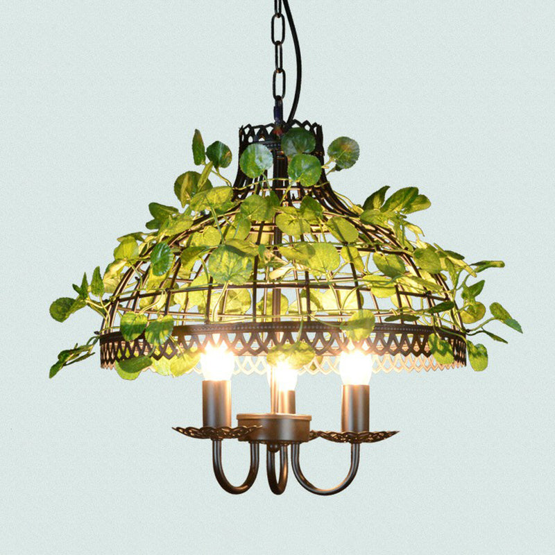 Green Hanging Ceiling Light Country Style Wire Cage Iron Chandelier with Artificial Vine for Restaurant
