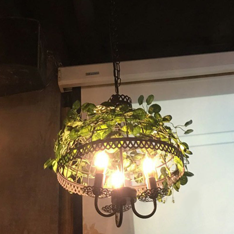 Green Hanging Ceiling Light Country Style Wire Cage Iron Chandelier with Artificial Vine for Restaurant