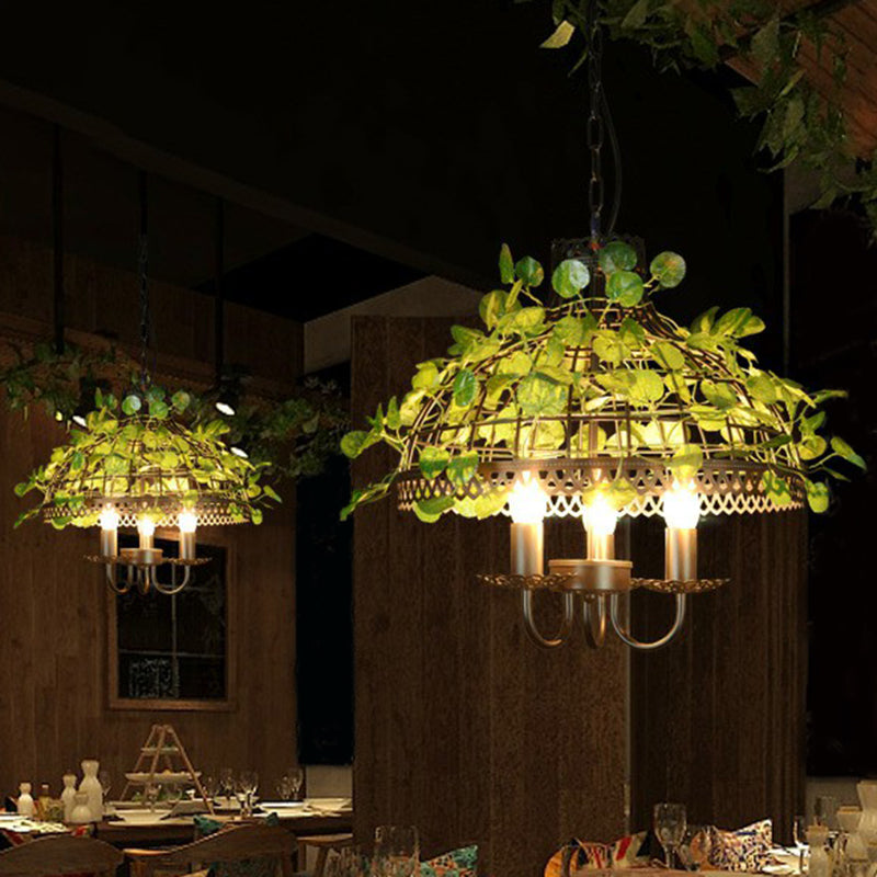 Green Hanging Ceiling Light Country Style Wire Cage Iron Chandelier with Artificial Vine for Restaurant