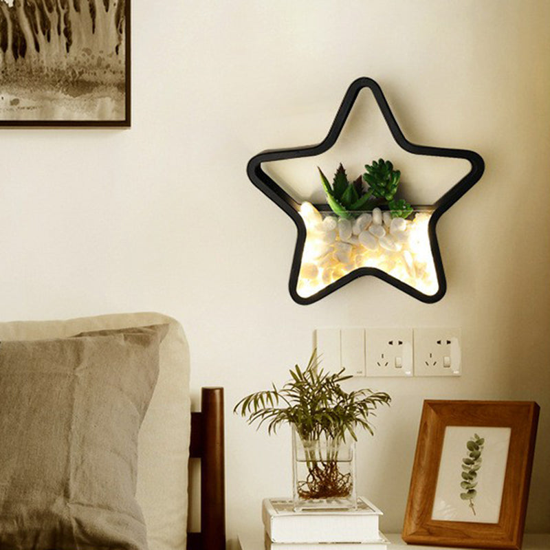 Metal Halo LED Sconce Light Art Deco Wall Mounted Light with Cobblestone and Imitation Plant