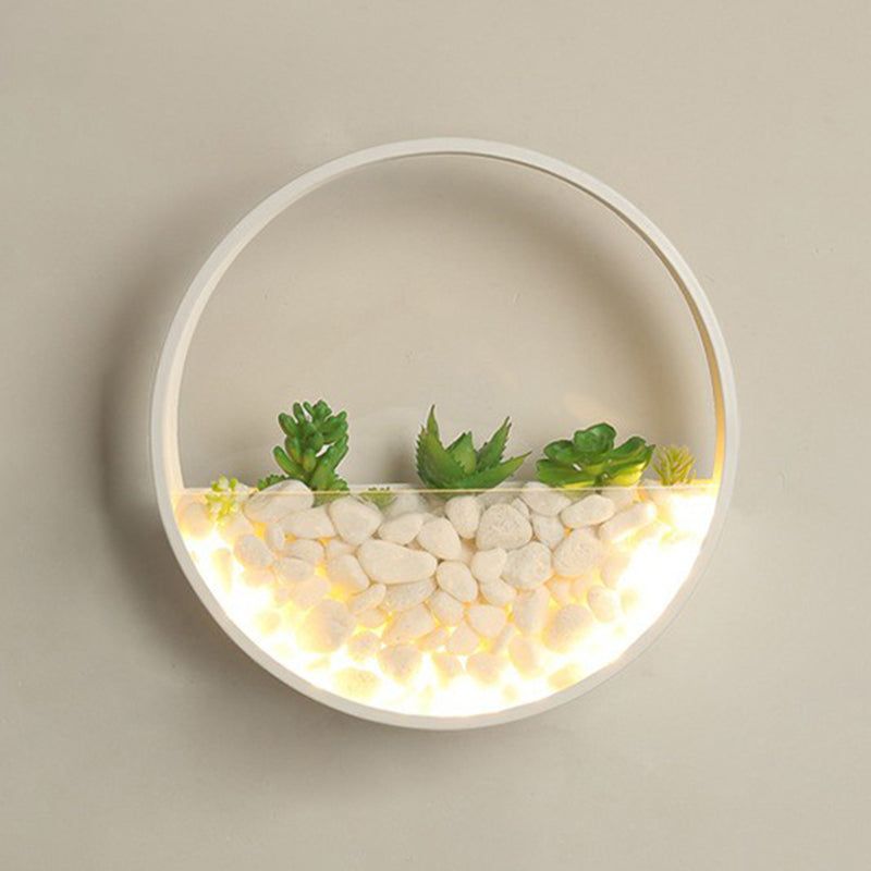 Metal Halo LED Sconce Light Art Deco Wall Mounted Light with Cobblestone and Imitation Plant