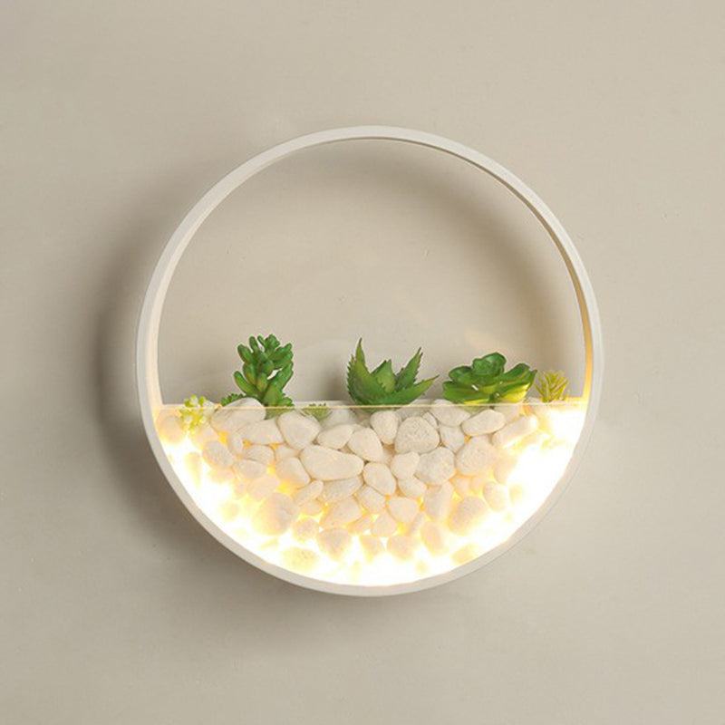 Metal Halo LED Sconce Light Art Deco Wall Mounted Light with Cobblestone and Imitation Plant