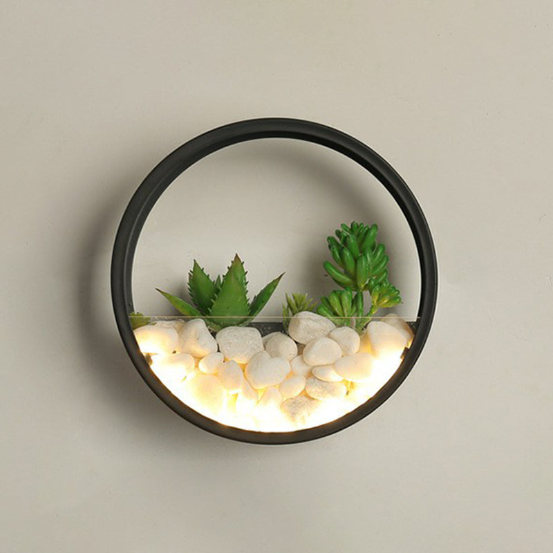 Metal Halo LED Sconce Light Art Deco Wall Mounted Light with Cobblestone and Imitation Plant