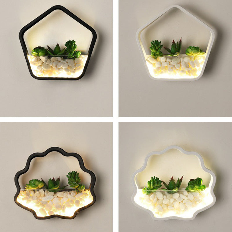 Metal Halo LED Sconce Light Art Deco Wall Mounted Light with Cobblestone and Imitation Plant