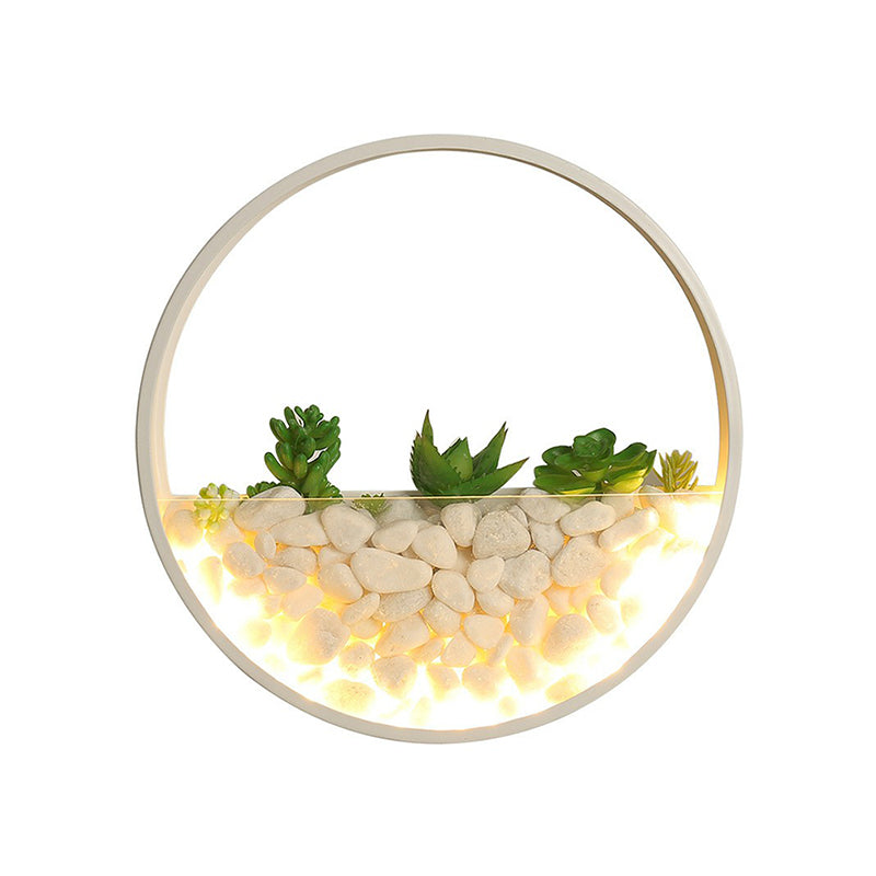 Metal Halo LED Sconce Light Art Deco Wall Mounted Light with Cobblestone and Imitation Plant