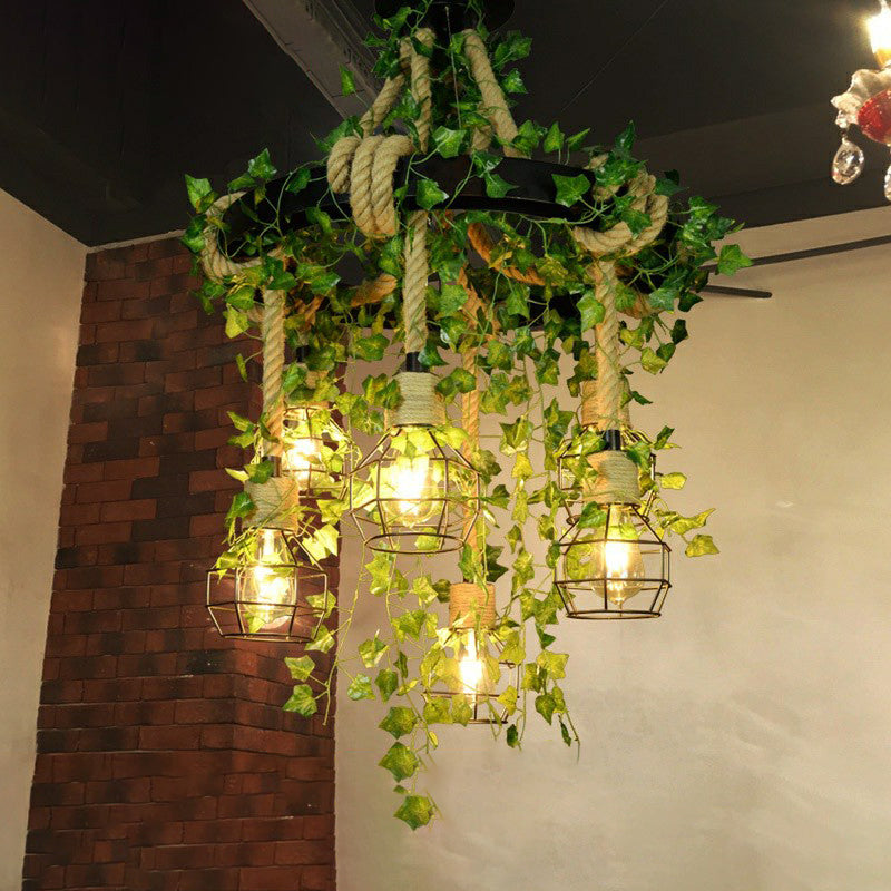 Circular Metal Pendant Light Rustic 6-Light Restaurant Chandelier with Cage and Fake Plant