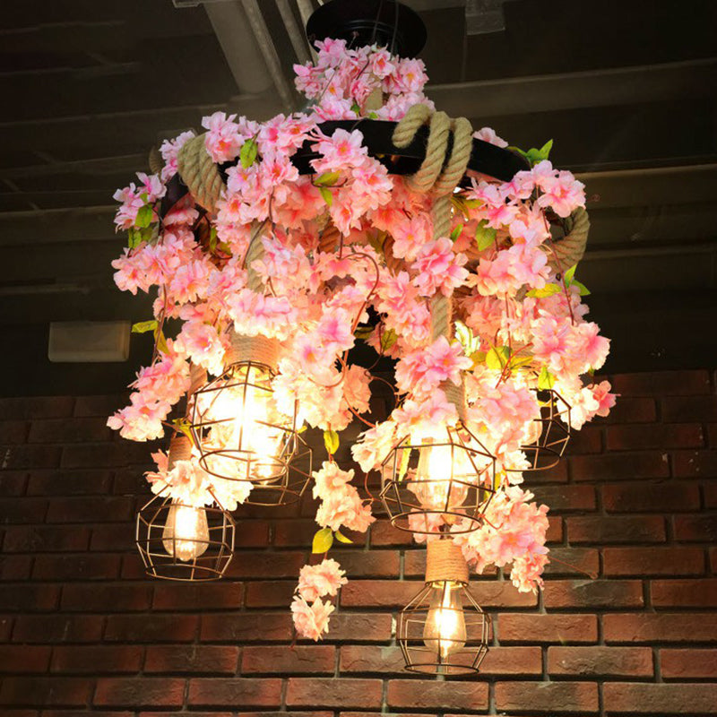 Circulair metalen hanglamp rustiek Rustiek Restaurant met 6 lichte kroonluchter met kooi en nepplant
