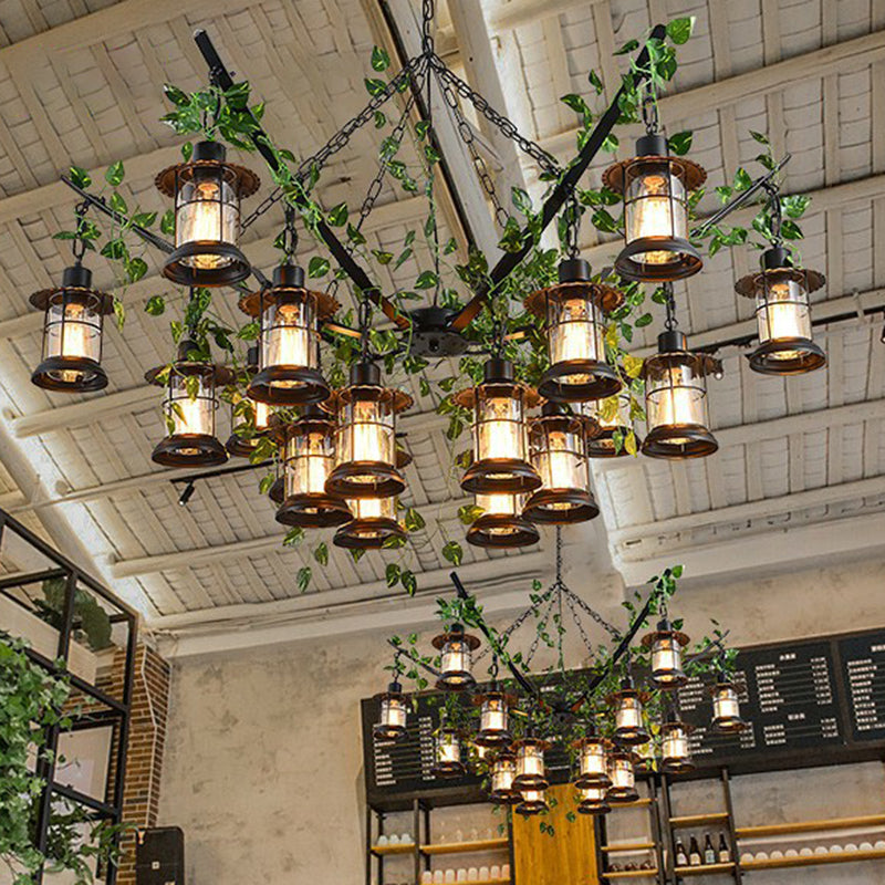 Industrial Style Lantern Chandelier Clear Glass Suspension Light in Black with Green Vine Decoration