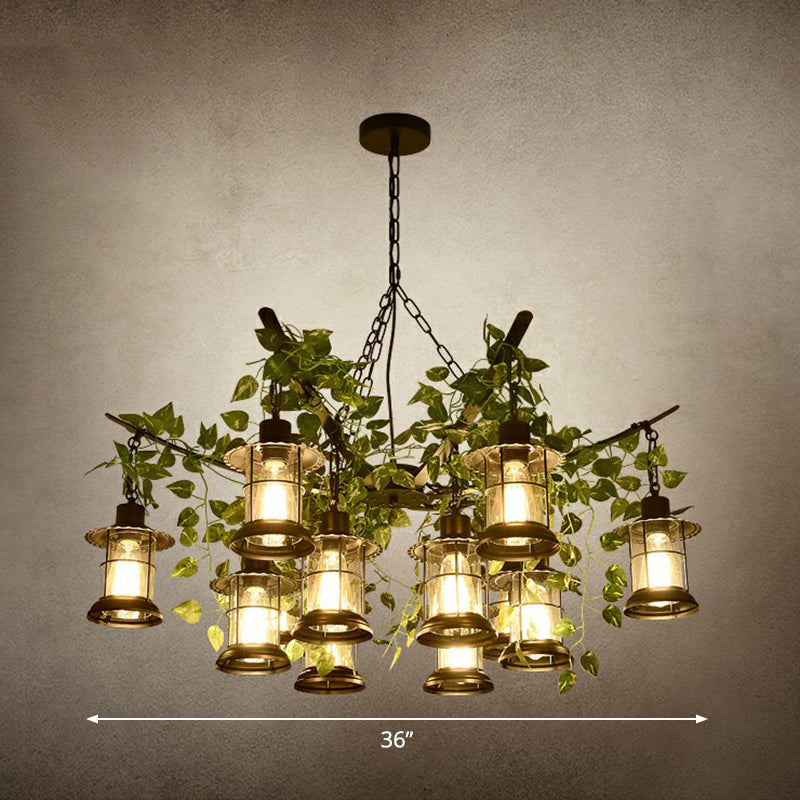 Industrial Style Lantern Chandelier Clear Glass Suspension Light in Black with Green Vine Decoration